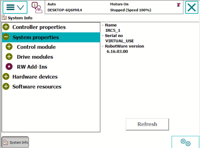 ABB System properties showing RobotWare version