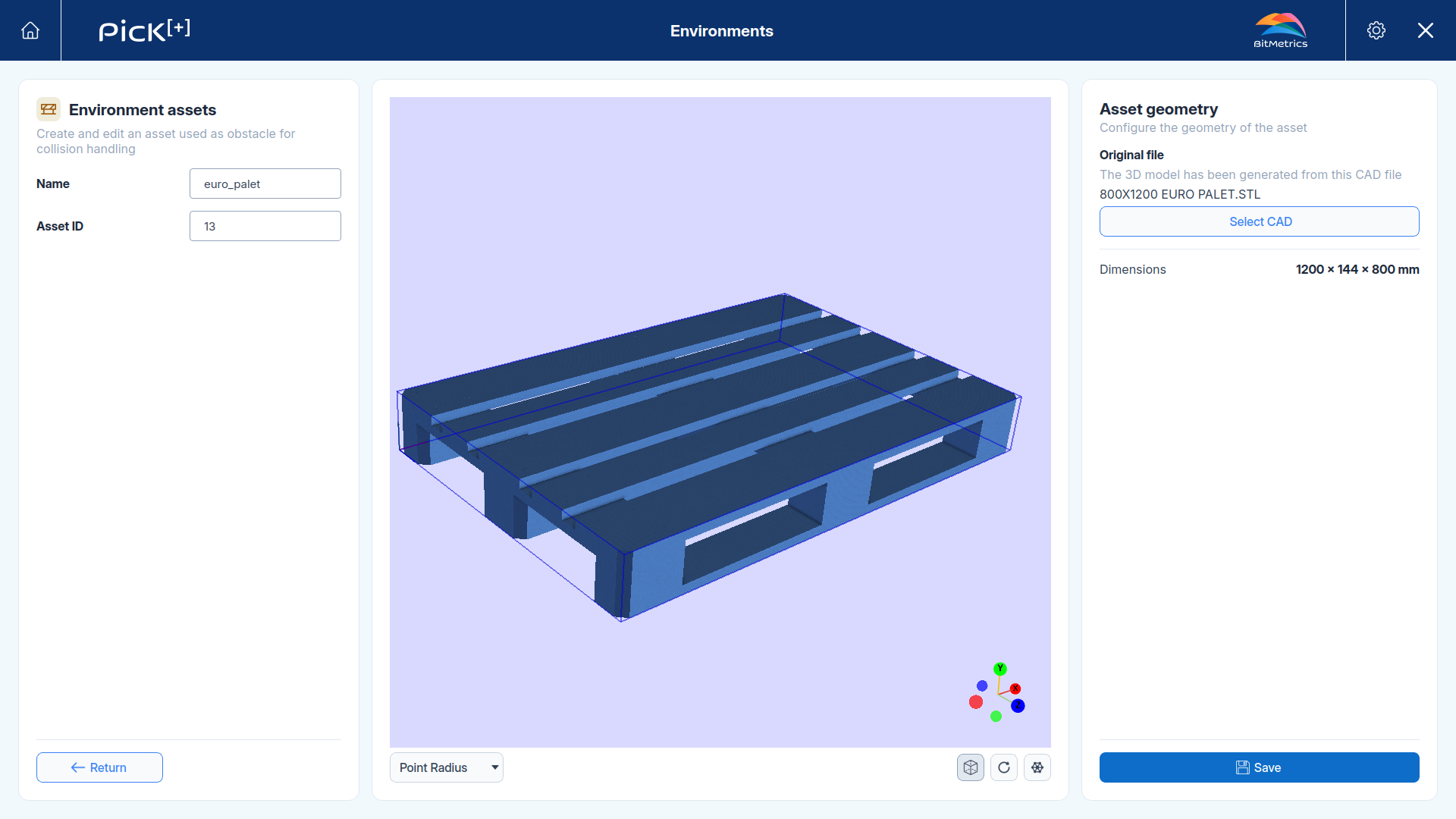 Asset configuration with a loaded pallet model