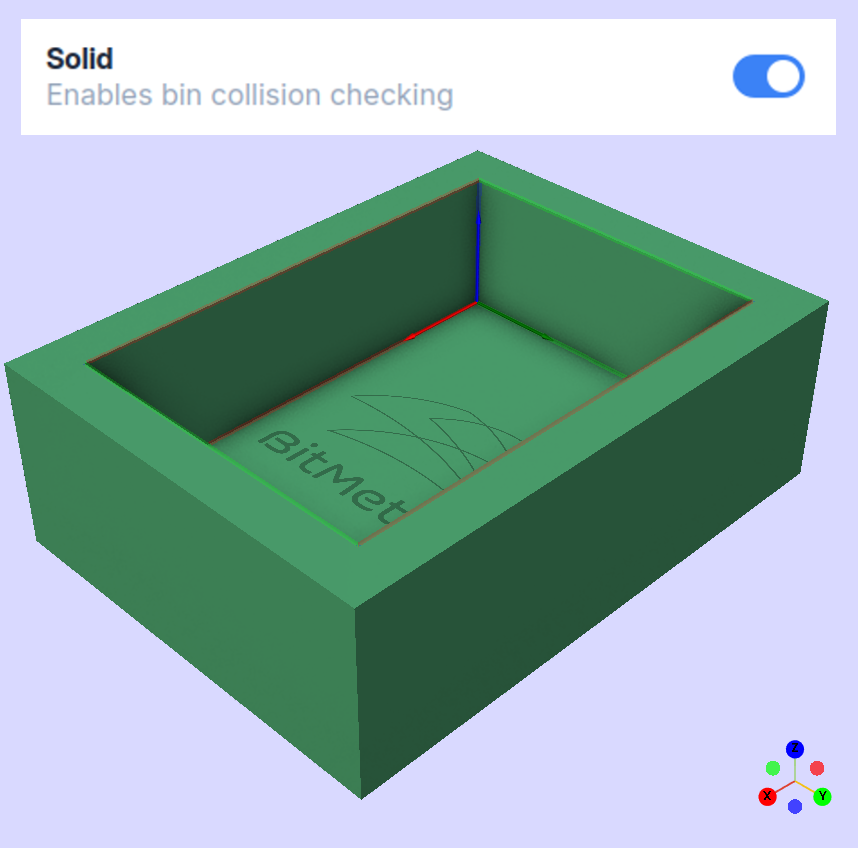 Bin with Solid enabled, shown with physical walls