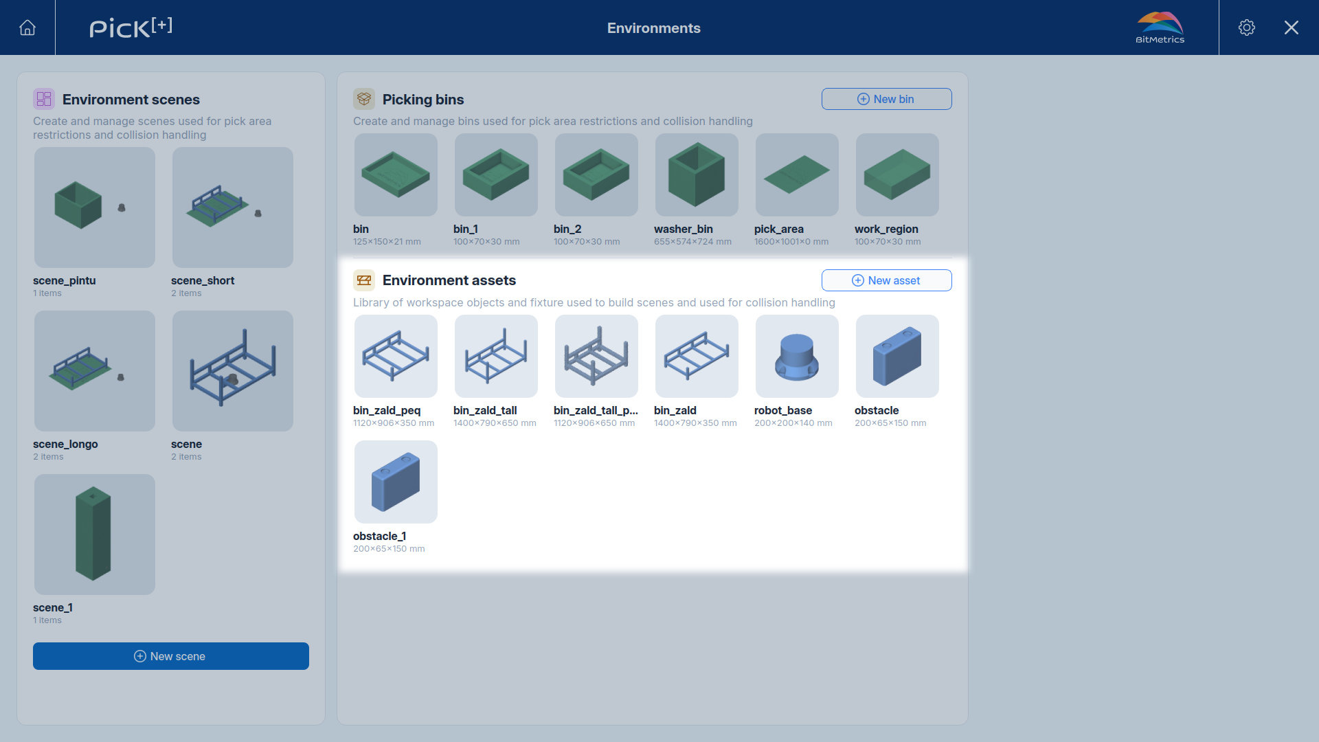 Environment assets library on the Environments screen