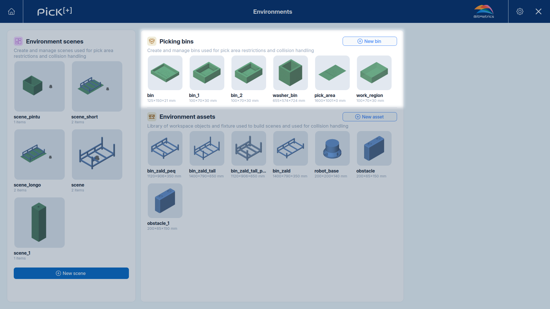 Picking bins library on the Environments screen